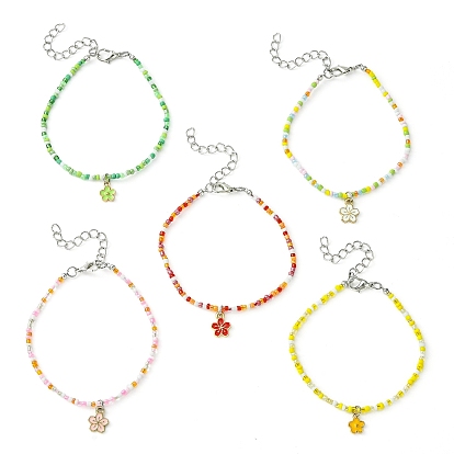 Alloy Flower Charm Bracelet with Glass Seed Bead Chains for Women