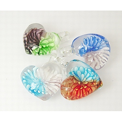 Handmade Lampwork Pendants, with Inner Flower, Heart, 32x40x18.5mm, Hole: 5.5x7mm