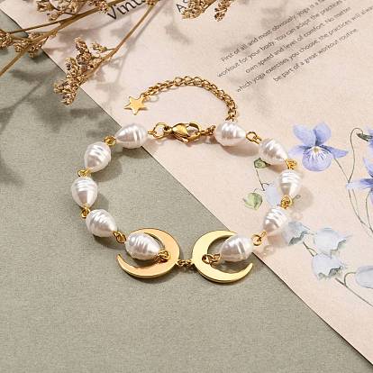 Brass Crescent Moon Bracelets, with Plastic Imitation Pearl Beads, 304 Stainless Steel Lobster Claw Clasps