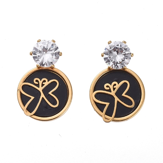 304 Stainless Steel Dangle Earrings, with Resin, Crystal Rhinestone and Ear Nuts, Flat Round with Butterfly