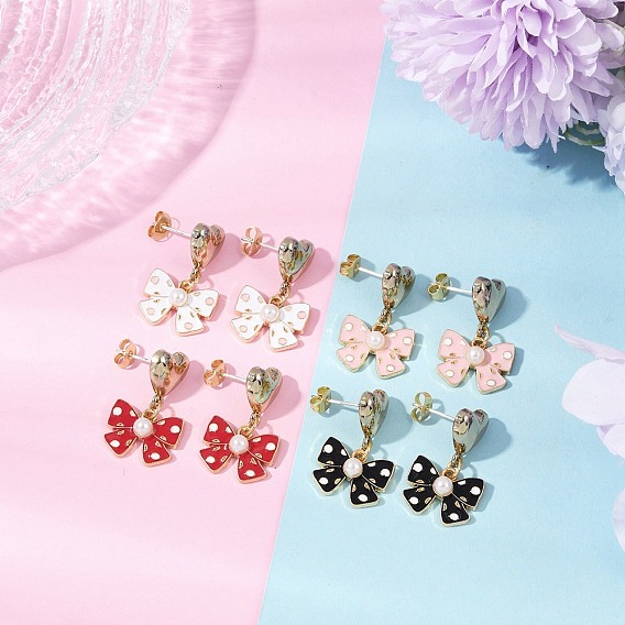 Висячие серьги-гвоздики из сплава с эмалью в форме сердца с бантом, с абс пластмассовыми жемчужными бисером, золотой свет