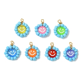 Acrylic Glass Seed Beaded Pendants, Flat Round with Smiling Face