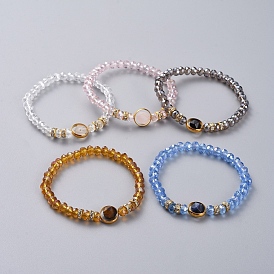 Natural Gemstone Stretch Bracelets, with Electroplate Glass Beads and Brass Rhinestone Spacer Beads