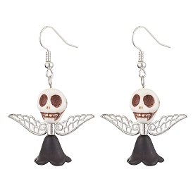 304 Stainless Steel Dangle Earrings, with Synthetic Turquoise and Acrylic, Skull with Wing, Black, For Halloween