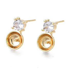 Brass Micro Pave Cubic Zirconia Stud Earring Findings, with 925 Sterling Silver Pins, for Half Drilled Bead, Cadmium Free & Nickel Free & Lead Free, Flat Round