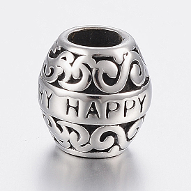 304 Stainless Steel European Beads, Large Hole Beads, Barrel with Word Happy Anniversary