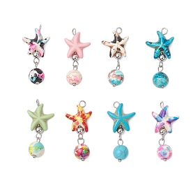 8 шт. 8 цвета окрашенные синтетические бирюзовые морские звезды круглые подвески, с 304 петлями из нержавеющей стали, цвет нержавеющей стали