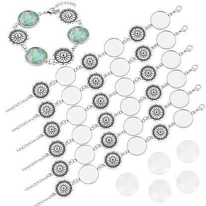 10шт. изготовление браслета-соединителя с цветком, с 304 соединителем из нержавеющей стали и сплава в тибетском стиле, украшенным стразами, Прозрачные стеклянные кабошоны