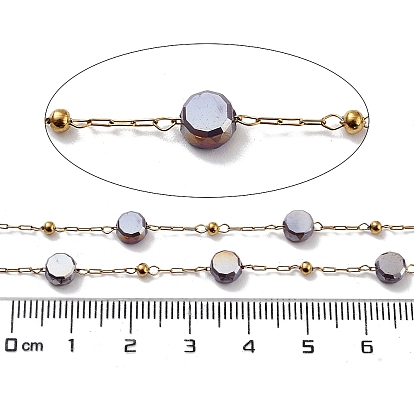 304 Stainless Steel Handmade Beaded Chain, with Electroplated Glass, with Spool, Soldered, Real 18K Gold Plated, Flat Round