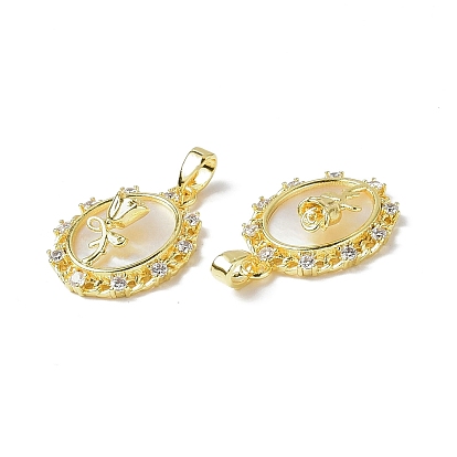Shell Pendants, with Brass Micro Pave Cubic Zirconia Findings, Oval with Rose Charm for Valentine's Day
