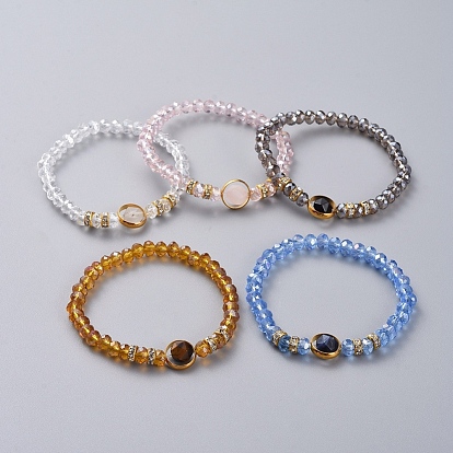 Natural Gemstone Stretch Bracelets, with Electroplate Glass Beads and Brass Rhinestone Spacer Beads