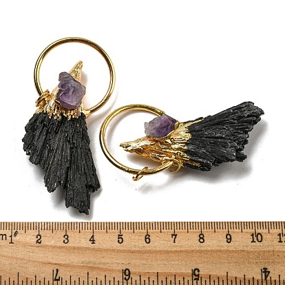 Natural Black Tourmaline & Amethyst Big Pendants, Wing Charms with Golden Tone Brass Rings