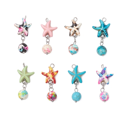 8 шт. 8 цвета окрашенные синтетические бирюзовые морские звезды круглые подвески, с 304 петлями из нержавеющей стали, цвет нержавеющей стали