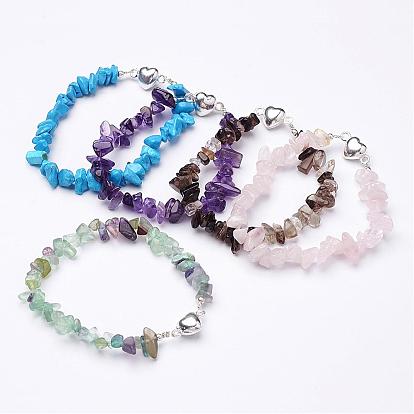 Bracelets de perles de pierres précieuses mixtes, fermoirs magnétiques coeur en laiton, couleur argent plaqué
