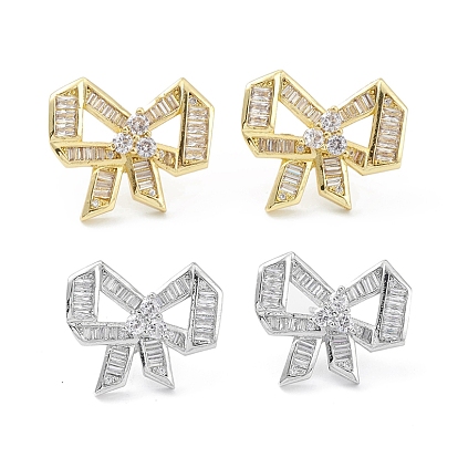 Bowknot Rack Plating Brass Cubic Zirconia Stud Earrings for Women, Long-Lasting Plated, Lead Free & Cadmium Free