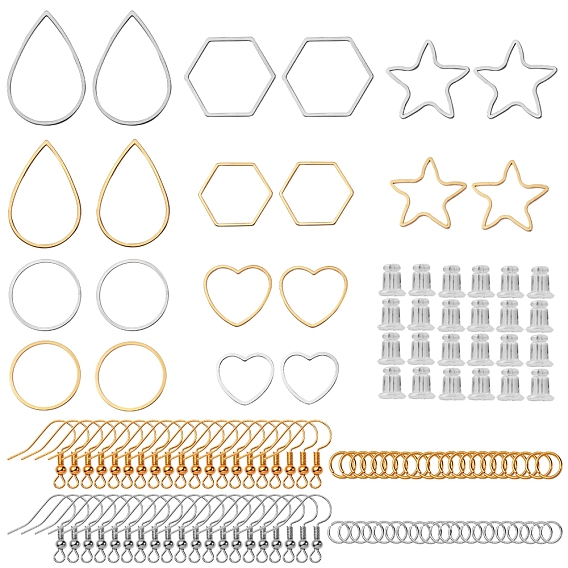 Dangle Earring DIY Making Kit, Including 201 Stainless Steel Linking Rings, Silicone Ear Nuts, Iron Jump Rings, Brass Earring Hooks