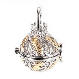 Rack Plating Brass Cage Pendants, For Chime Ball Pendant Necklaces Making, Hollow Round with Leaf