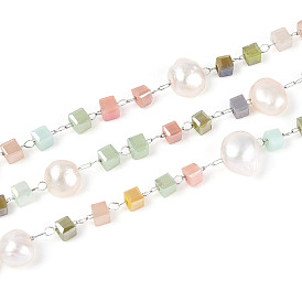 304 цепные цепи из нержавеющей стали, с гранёными кубическими стеклянными бусинами и натуральным пресноводным жемчугом, пайки, с катушкой