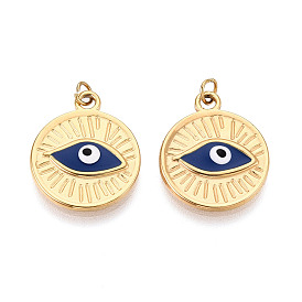 304 нержавеющей стальной эмали подвески, плоские круглые с сглаза, с целью перехода в кольце, ионное покрытие (ip), реальный 18 k позолоченный