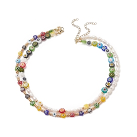 2Pcs 2 Styles Handmade Millefiori Glass & Natural Pearl & Glass Seed Beaded Necklaces Set for Women