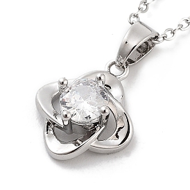 201 Stainless Steel Cable Chain Necklaces, Brass Clear Cubic Zirconia Flower Pendant Necklaces