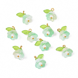 10Pcs Acrylic & Glass Flower Pendants, with Brass Findings