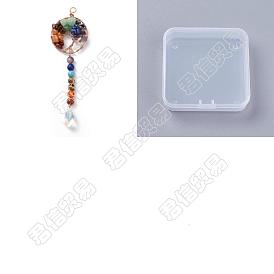 2Pcs Chakra Theme Mixed Gemstone Chip Big Pendants, Sun Catcher Charm, with Glass Pendants and Copper Wire, Tree of Life, Mixed Dyed and Undyed