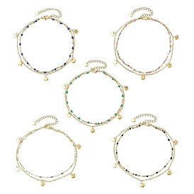 304 Stainless Steel Double Layer Chain Anklets, Enamel Style, with Golden Plated Heart Charms