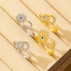 Браслет-манжета из латуни с микропаве и прозрачными кубическими циркониями для пары., луна с солнцем