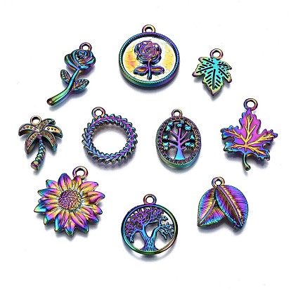 Rainbow Color Alloy Pendants, Cadmium Free & Nickel Free & Lead Free, Botany Theme Mixed Shapes