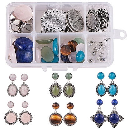 DIY Earring Making, with 304 Stainless Steel Stud Earring Components, Tibetan Style Alloy Pendant Cabochon Settings, Natural Mixed Gemstone Cabochons and Brass Ear Nuts Earrings Backs