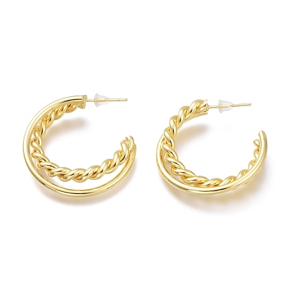 Brass Half Hoop Earrings, Split Earrings, with Steel Pin and Plastic Ear Nuts, Long-Lasting Plated, Twist