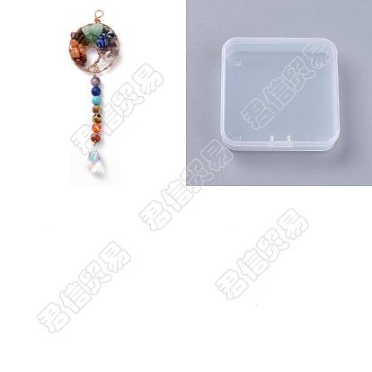 2Pcs Chakra Theme Mixed Gemstone Chip Big Pendants, Sun Catcher Charm, with Glass Pendants and Copper Wire, Tree of Life, Mixed Dyed and Undyed