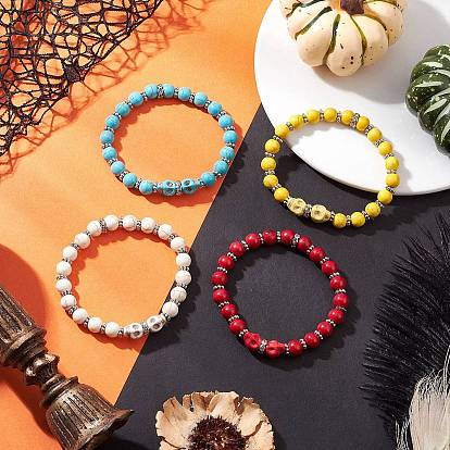 4Pcs 4 Colors Halloween Brass Crystal Rhinestone & Dyed Synthetic Turquoise Skull & Round Beaded Stretch Bracelet Sets for Men Women, Platinum