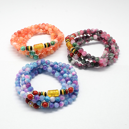 4-loop buda envoltura meditación jade blanco pulseras de cuentas, collares budistas, 700x6 mm, 108 pcs / Hilo, alrededor de 27.5 pulgada