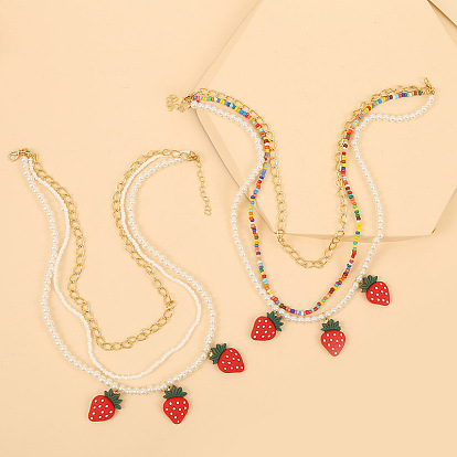 Fashionable Multilayer Beaded Strawberry Necklace - Handmade Fruit Pendant Jewelry