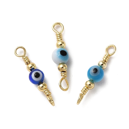 Evil Eye Glass Connector Charms, Round Links with Rack Plating Brass Wire Double Loops, Lead Free & Cadmium Free, Real 18K Gold Plated, Long-Lasting Plated