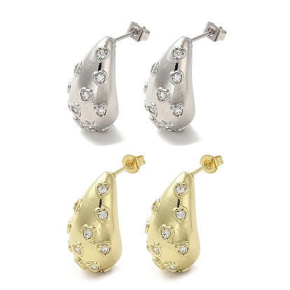 Brass with Cubic Zirconia Stud Earrings, Teardrop with Heart, Lead Free & Cadmium Free, Long-Lasting Plated