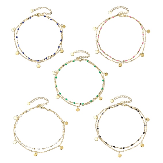 304 браслеты на ногу из двухслойной цепи из нержавеющей стали, Эмаль стиле, с позолоченными подвесками в виде сердечек