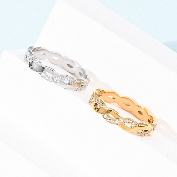 304 Женские кольца-волны из нержавеющей стали с прозрачным кубическим цирконием, ионное покрытие (ip)