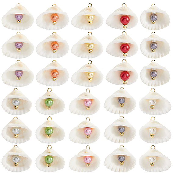 30 шт. подвески из натуральных ракушек и искусственного жемчуга, подвески в форме ракушки с железными петлями, разноцветные