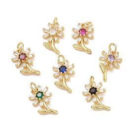 Rack Plating Brass Micro Pave Cubic Zirconia Pendants, with Jump Ring, Cadmium Free & Lead Free, Long-Lasting Plated, Golden, Flower