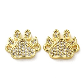 Rack Plating Brass Micro Pave Clear Cubic Zirconia Connector Charms, Cat's Paw Print Links, Long-Lasting Plated, Lead Free & Cadmium Free
