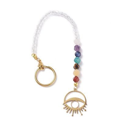 201 & 304 Stainless Steel Chakra Theme Eye Pendant Decorates, with Natural Gemstone, Glass Beads and Brass & Iron Findings