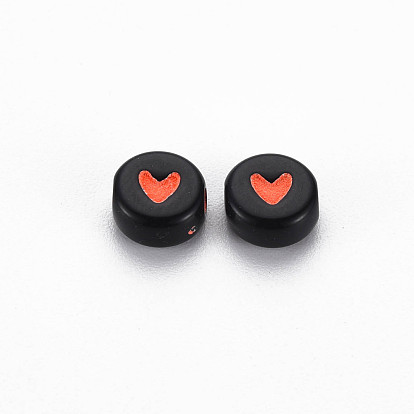 Opaque Black Acrylic Beads, Flat Round with Heart