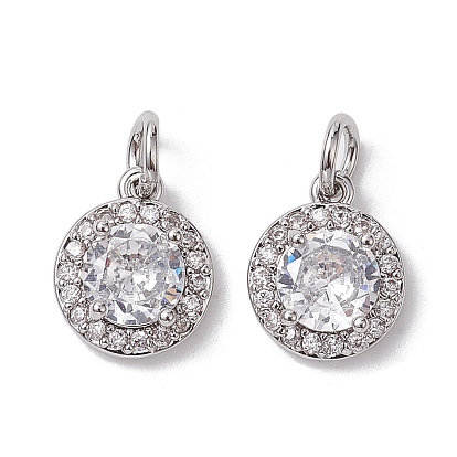 Latón micro pavimenta claro cubic zirconia encantos, sin cadmio y níque y plomo, con anillo de salto, plano y redondo