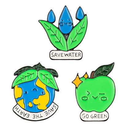 3Pcs 3 Style Creative Zinc Alloy Brooches, Enamel Lapel Pin, with Iron Butterfly Clutches or Rubber Clutches, Electrophoresis Black, Save The Earth & Teardrop & Apple with Word Go Green