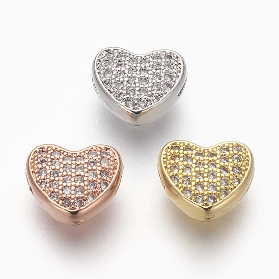 Brass Micro Pave Cubic Zirconia Beads, Lead Free & Cadmium Free, Heart, Clear