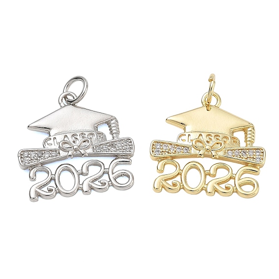 Enrubanneuse en laiton micro pavé en zirconium cubique pendentifs, Chapeau de remise de diplôme, diplôme et numéro 2026 breloques, sans cadmium et sans plomb, plaqué longue durée
