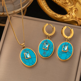 Stylish Blue Turquoise Pendant Set with Dazzling Diamonds - Non-Fading Titanium Steel Jewelry for Women
